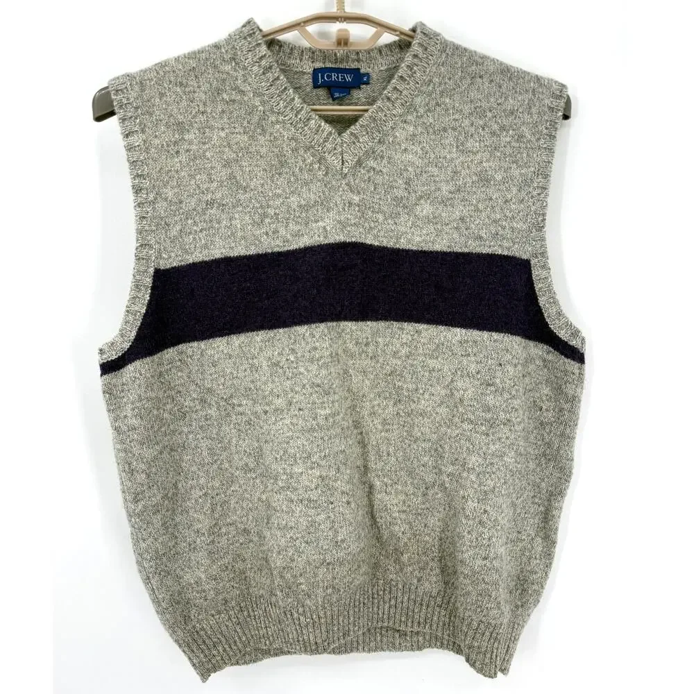 J. Crew Vintage Mens 100% Wool Sweater Vest Gray Purple Stripe Size XL